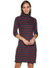 Ribbed Knit High Neck Dress in Steel Grey and Red Stripes
