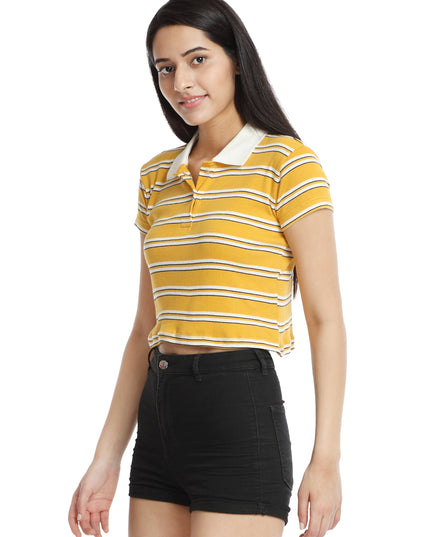 Yellow and white striped crop polo t-shirt available for purchase online