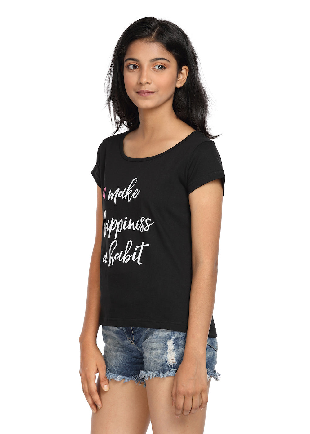 Printed T-shirt Black with Happiness Print - GENZEE
