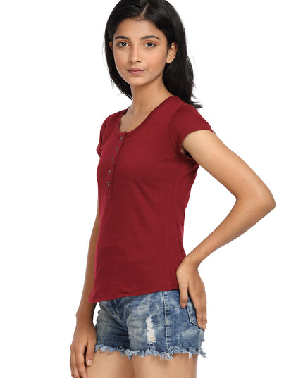 Maroon Knit Half Sleeves Round Neck Top with Buttons - GENZEE