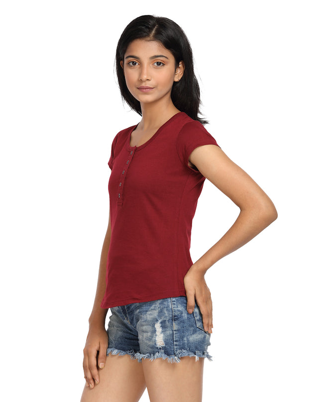 Maroon Knit Half Sleeves Round Neck Top with Buttons - GENZEE