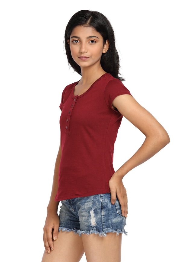 Maroon Knit Half Sleeves Round Neck Top with Buttons - GENZEE