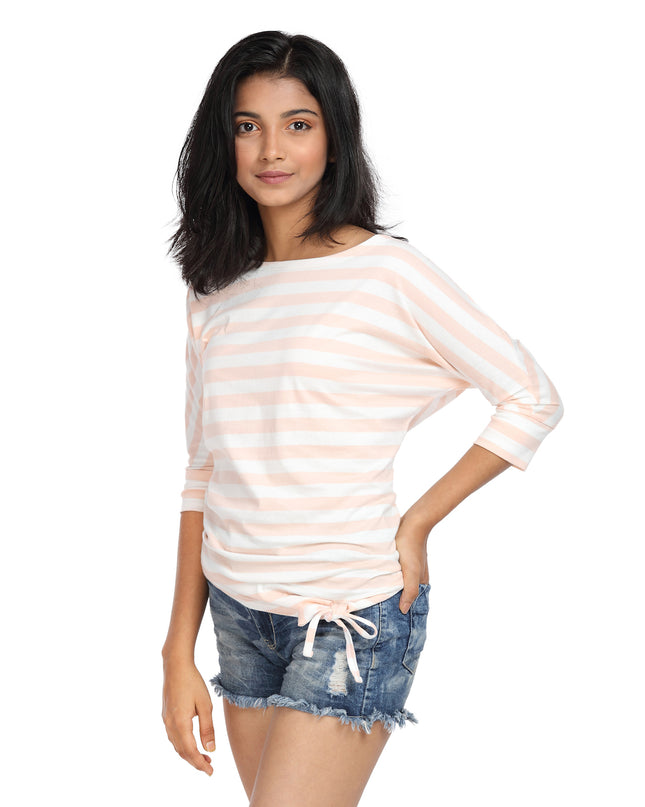 Striped Top with a Knot Peach & White Boat Neck - GENZEE