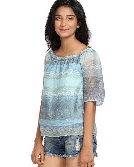 Blue Printed Georgette Bardot Top On/Off Shoulder - GENZEE