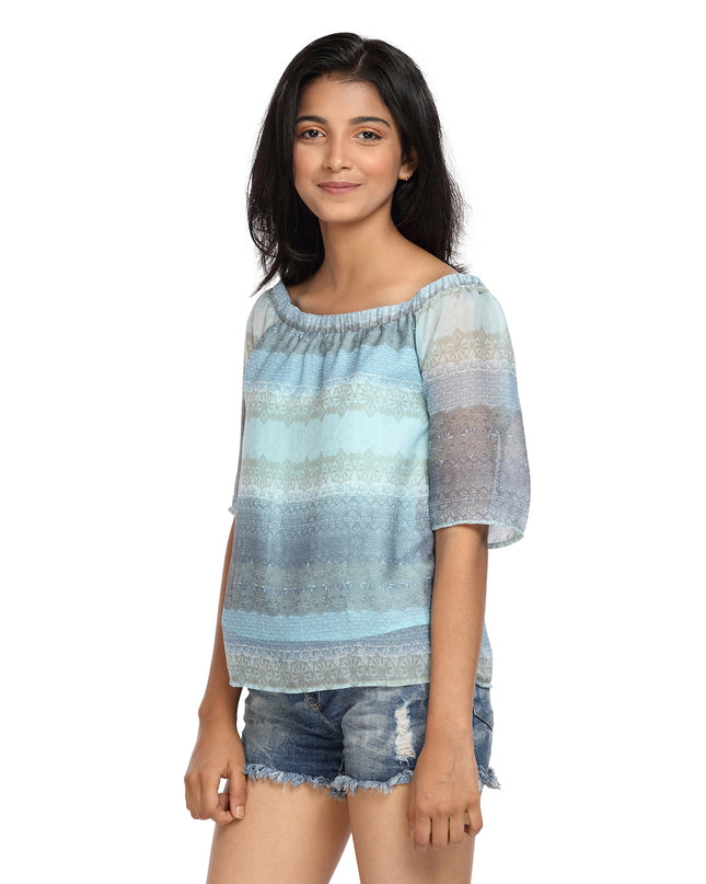 Blue Printed Georgette Bardot Top On/Off Shoulder - GENZEE