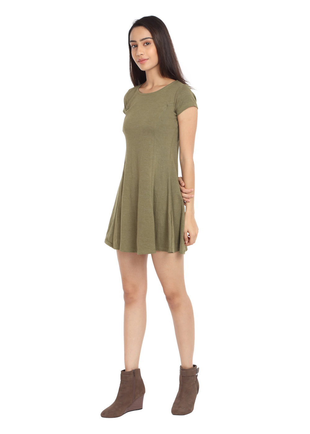 Melange Olive Short Knit Dress - GENZEE