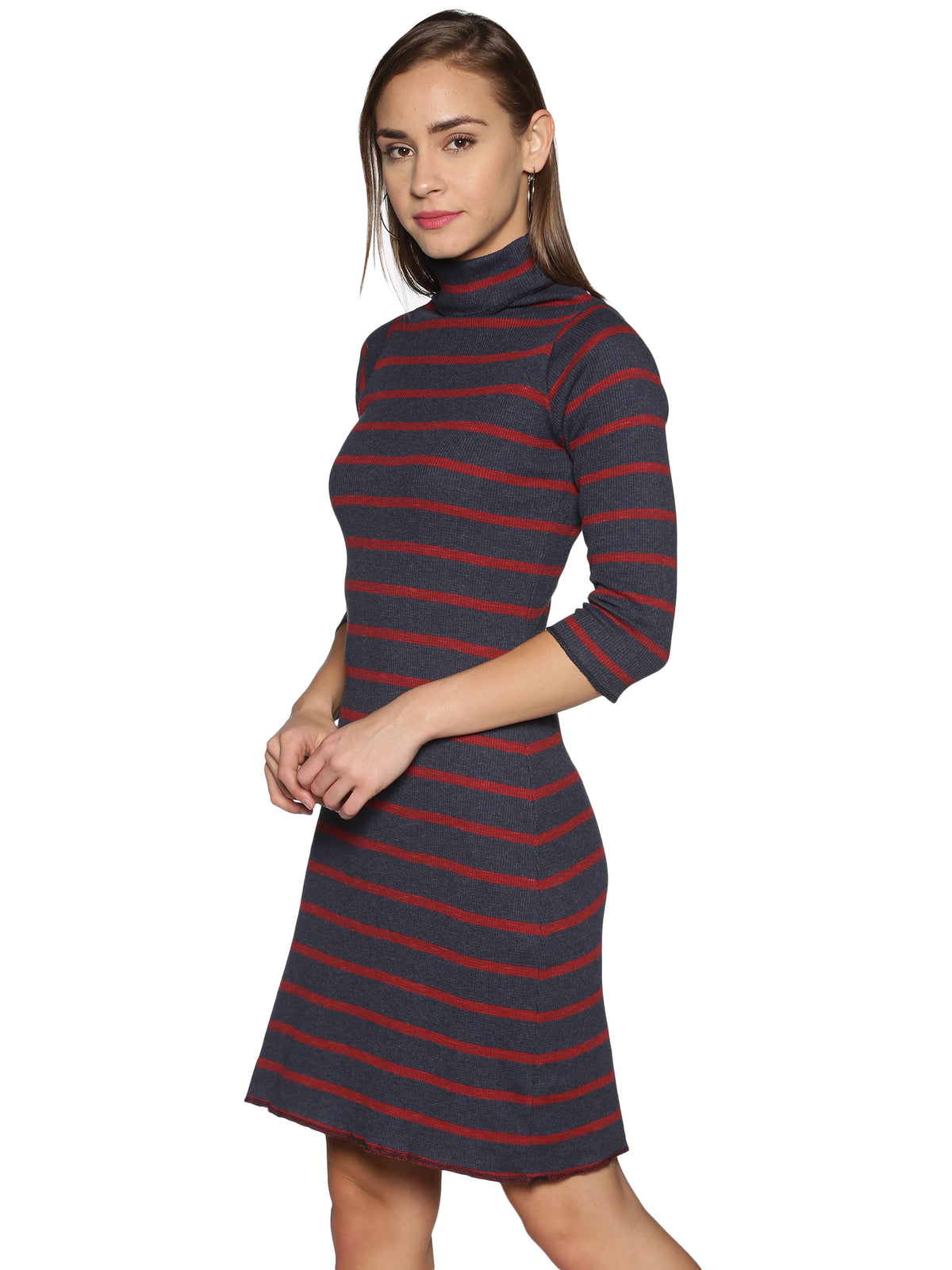 Ribbed Knit High Neck Dress in Steel Grey and Red Stripes