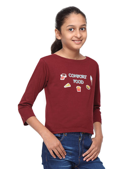 Maroon Crop Tee with Comfort Food Print - GENZEE