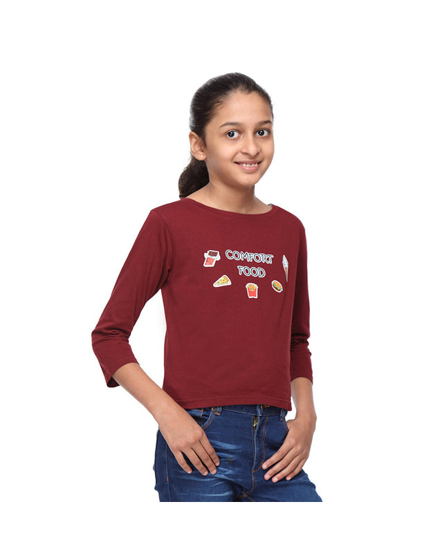 Maroon Crop Tee with Comfort Food Print - GENZEE