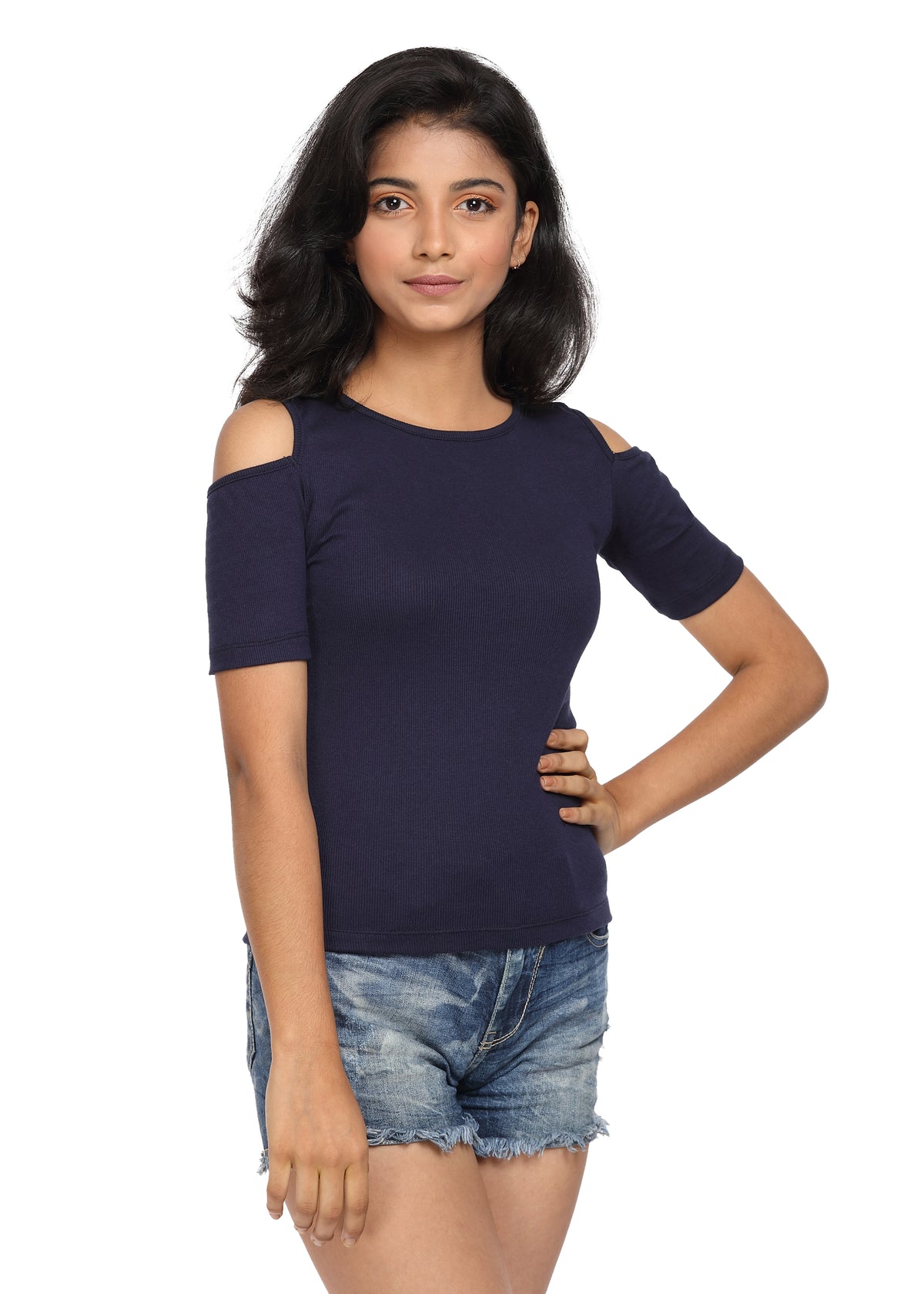 Half Sleeves Ribbed Cold Shoulder Navy Blue Top with a Cross Back - GENZEE