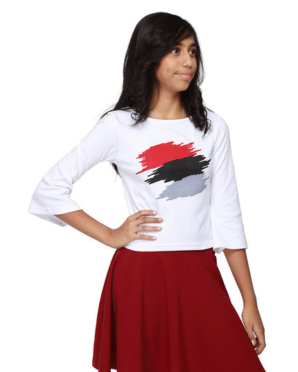 White Crop Top with Red Abstract Print