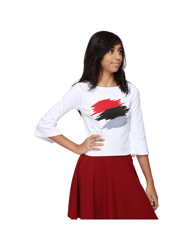 White Crop Top with Red Abstract Print