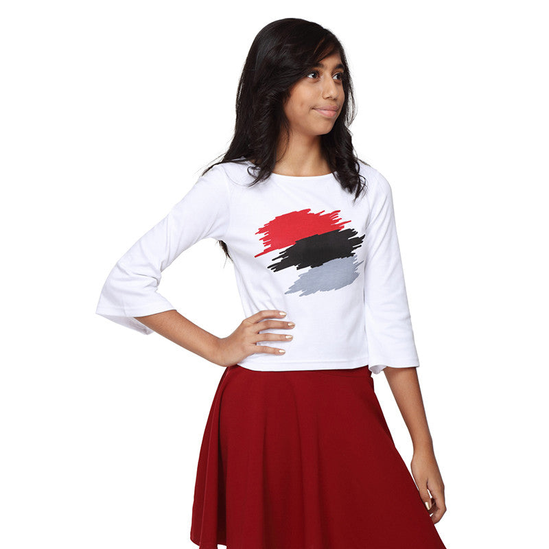 White Crop Top with Red Abstract Print