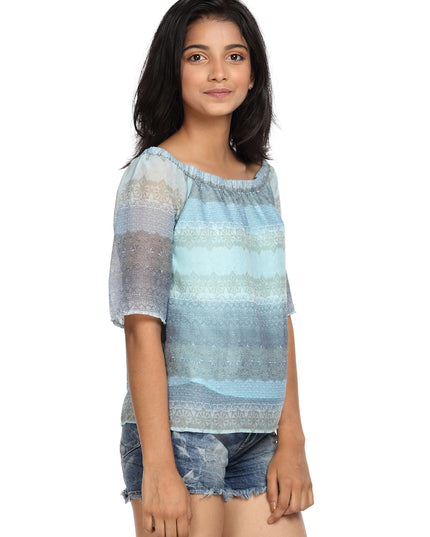 Blue Printed Georgette Bardot Top On/Off Shoulder - GENZEE