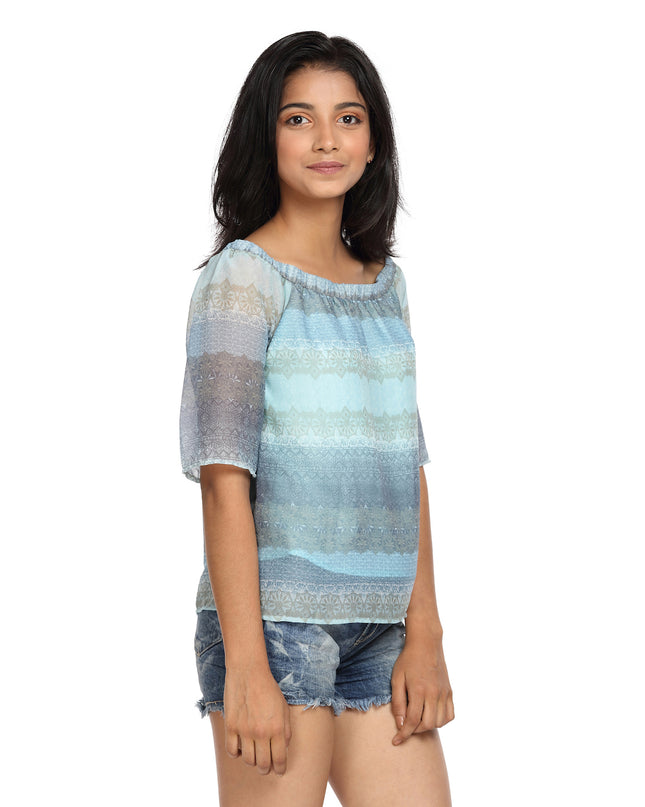Blue Printed Georgette Bardot Top On/Off Shoulder - GENZEE
