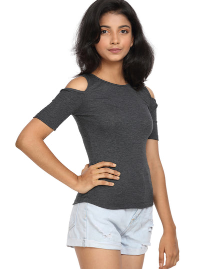 Half Sleeve Ribbed Cold Shoulder Grey Top with a Cross Back - GENZEE