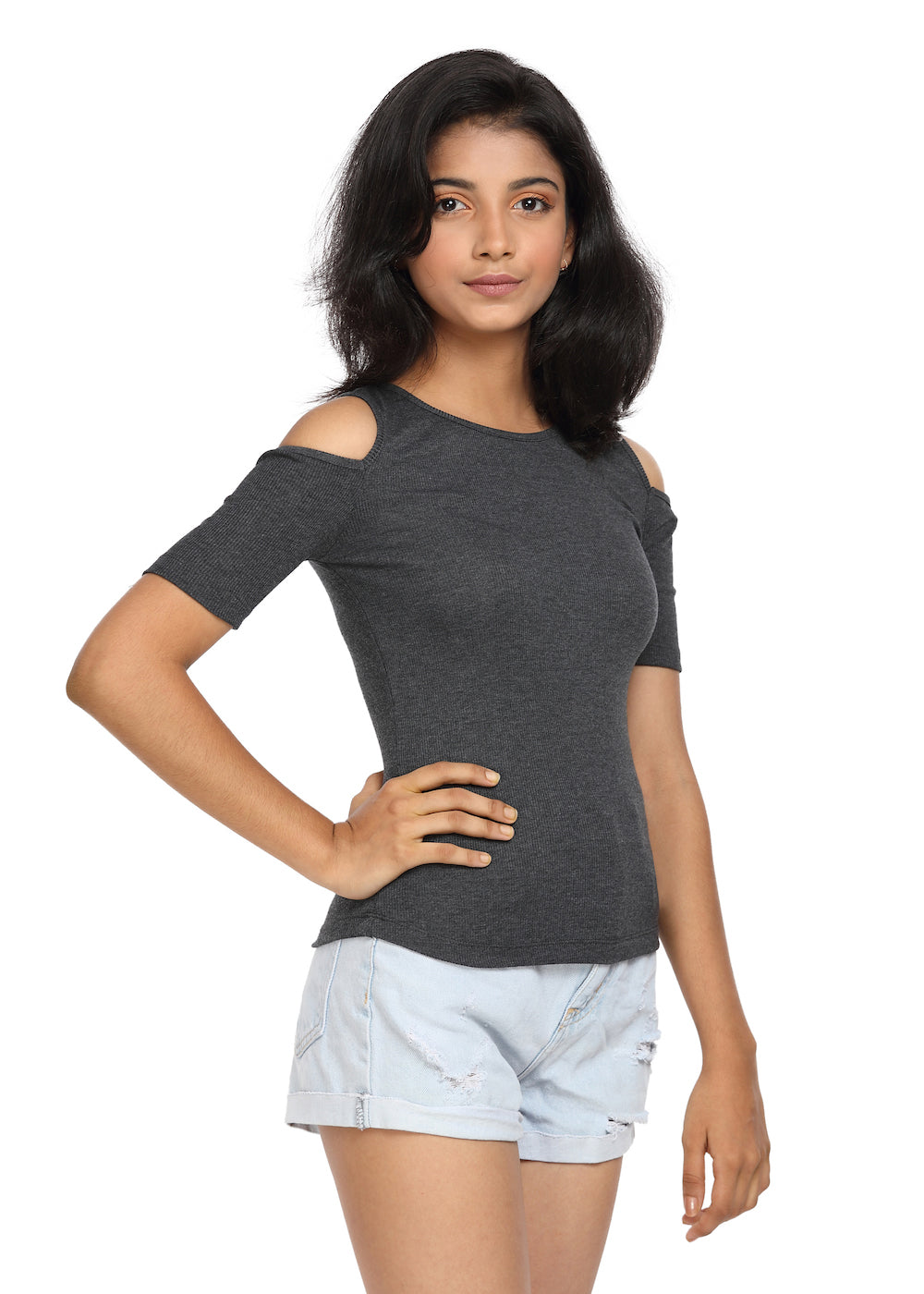 Half Sleeve Ribbed Cold Shoulder Grey Top with a Cross Back - GENZEE