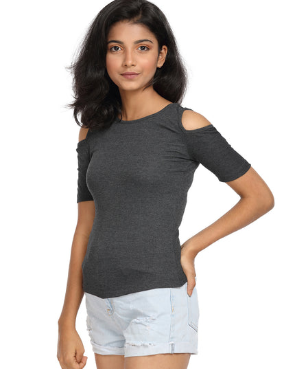 Half Sleeve Ribbed Cold Shoulder Grey Top with a Cross Back - GENZEE