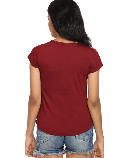 Maroon Knit Half Sleeves Round Neck Top with Buttons - GENZEE