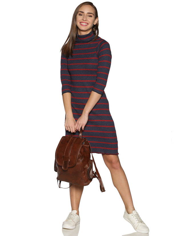 Ribbed Knit High Neck Dress in Steel Grey and Red Stripes