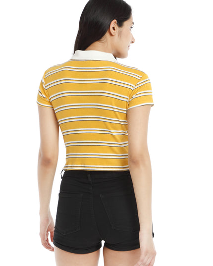 Fashion-forward yellow and white striped crop polo tee, available for purchase