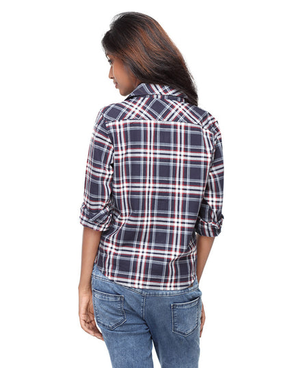 A stylish navy blue check shirt available for online purchase.