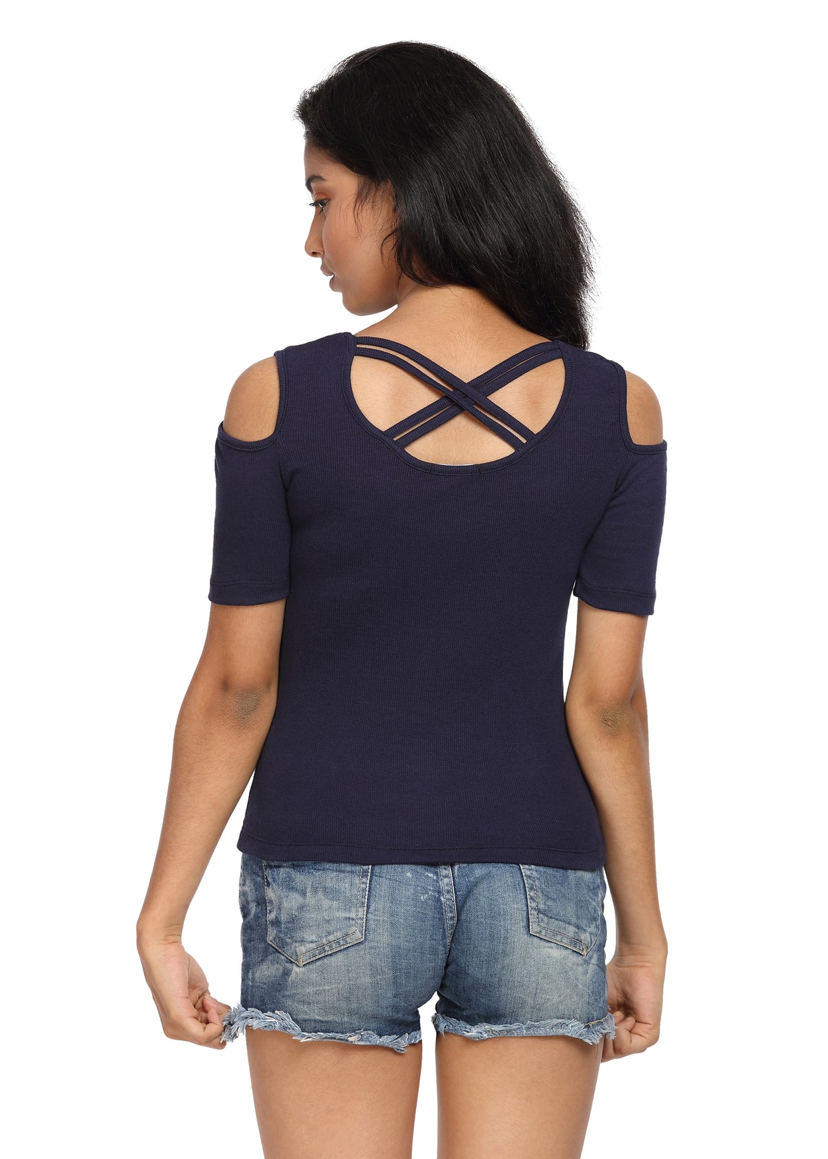 Half Sleeves Ribbed Cold Shoulder Navy Blue Top with a Cross Back - GENZEE