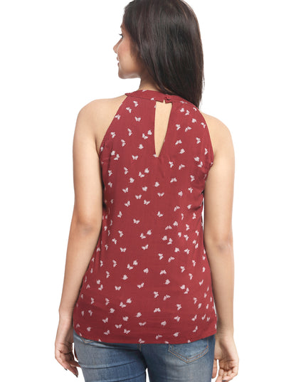 Maroon Halter Neck Top with Butterfly Print - GENZEE