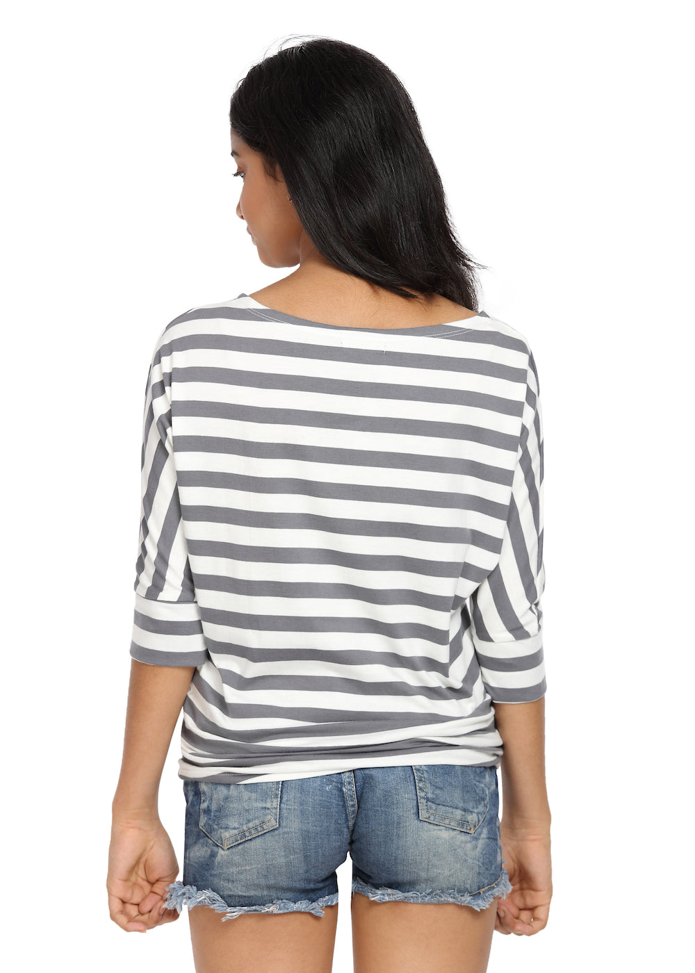 Striped Knit Top with a Knot Grey & White Boat Neck - GENZEE