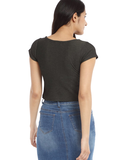Trendy Green Ribbed Knit Crop Top with Buttons - Shop Now Online