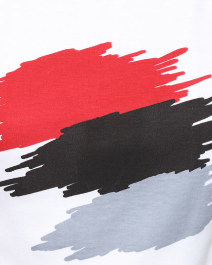 Red and black abastract print on a white Top
