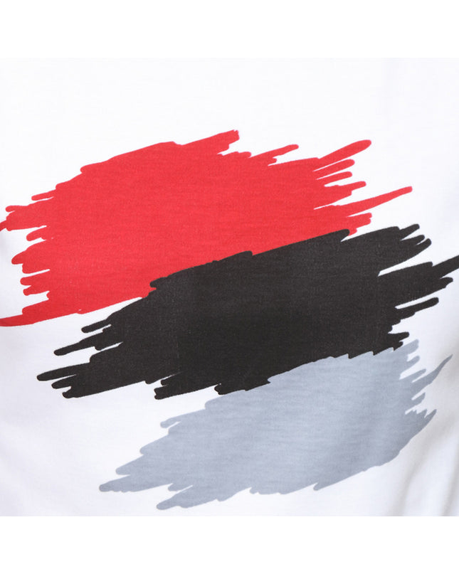 Red and black abastract print on a white Top