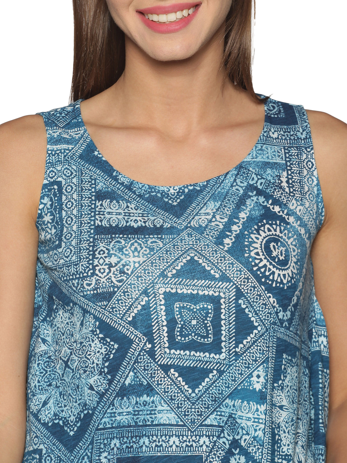 Sleeveless Turquoise Printed Knit Top