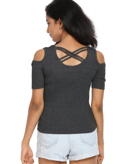 Half Sleeve Ribbed Cold Shoulder Grey Top with a Cross Back - GENZEE