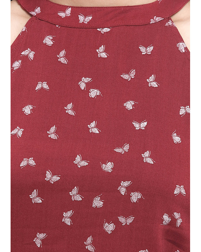 Maroon Halter Neck Top with Butterfly Print - GENZEE