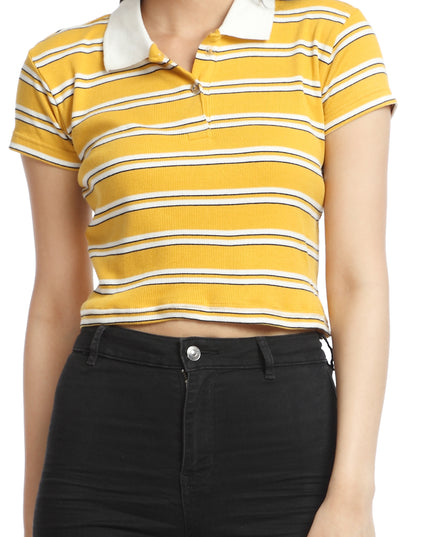 Trendy crop polo tee with yellow and white stripes, buy online today!