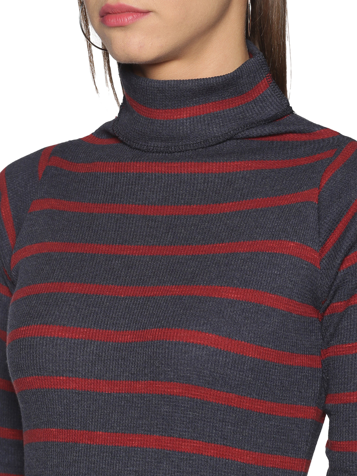 Ribbed Knit High Neck Dress in Steel Grey and Red Stripes