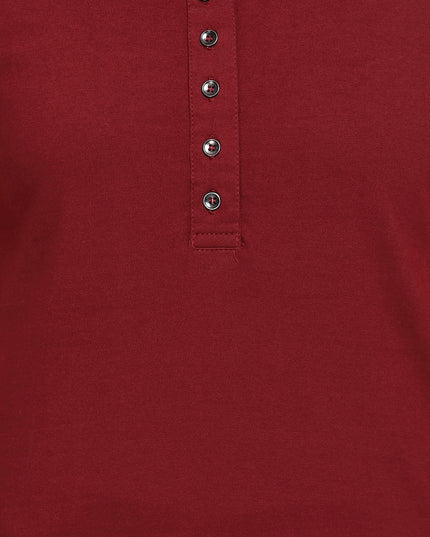 Maroon Knit Half Sleeves Round Neck Top with Buttons - GENZEE