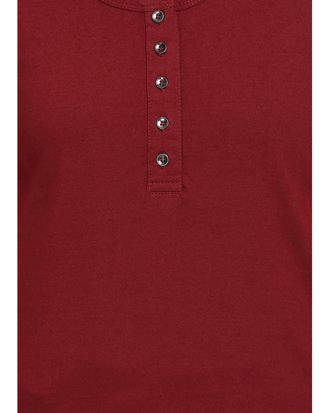 Maroon Knit Half Sleeves Round Neck Top with Buttons - GENZEE