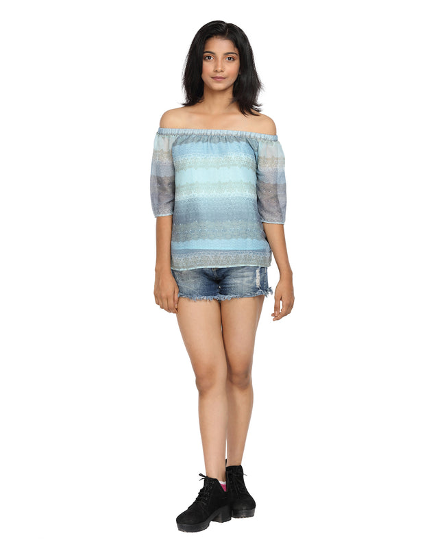 Blue Printed Georgette Bardot Top On/Off Shoulder - GENZEE