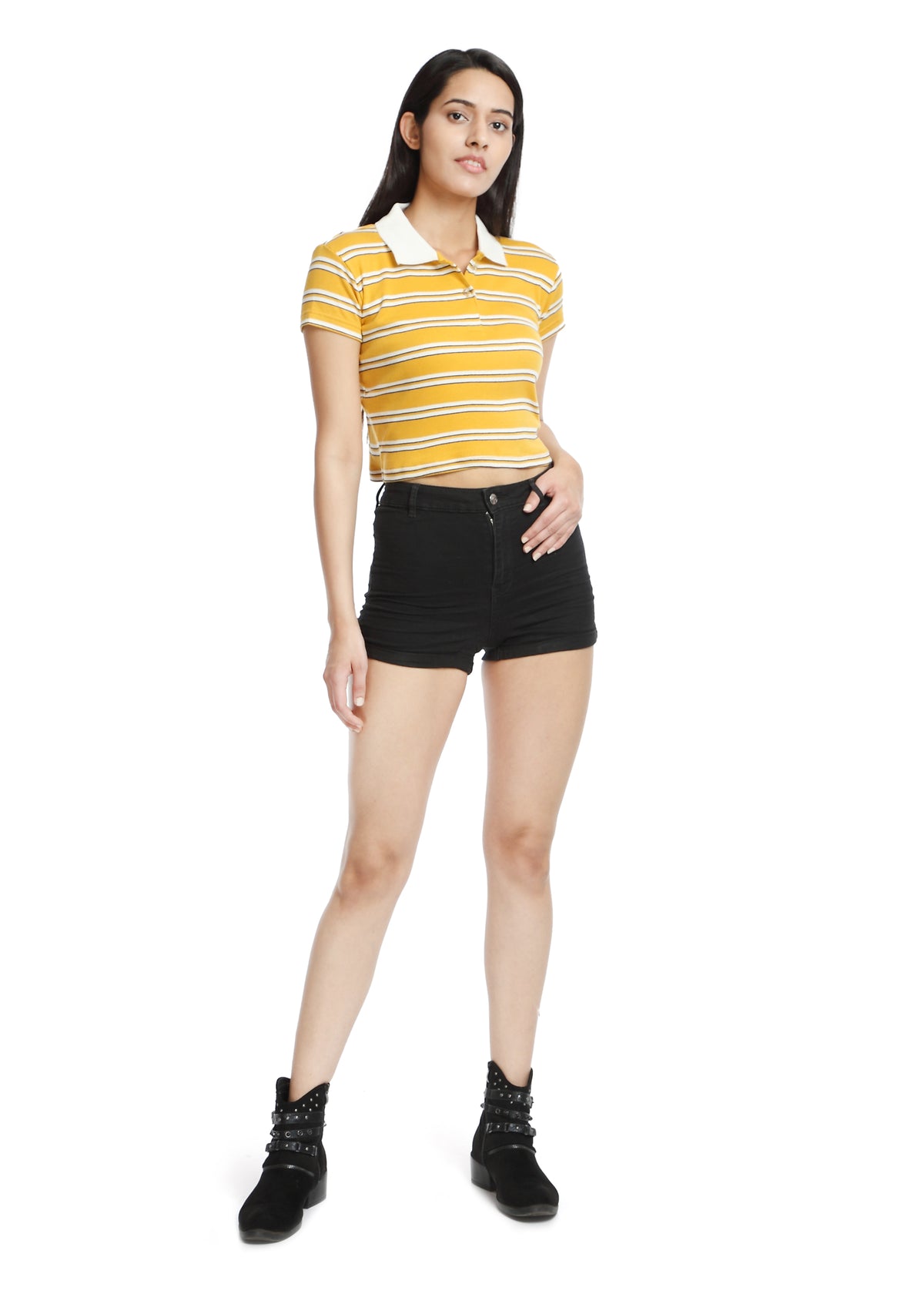 Crop Polo T-shirt yellow&white striped