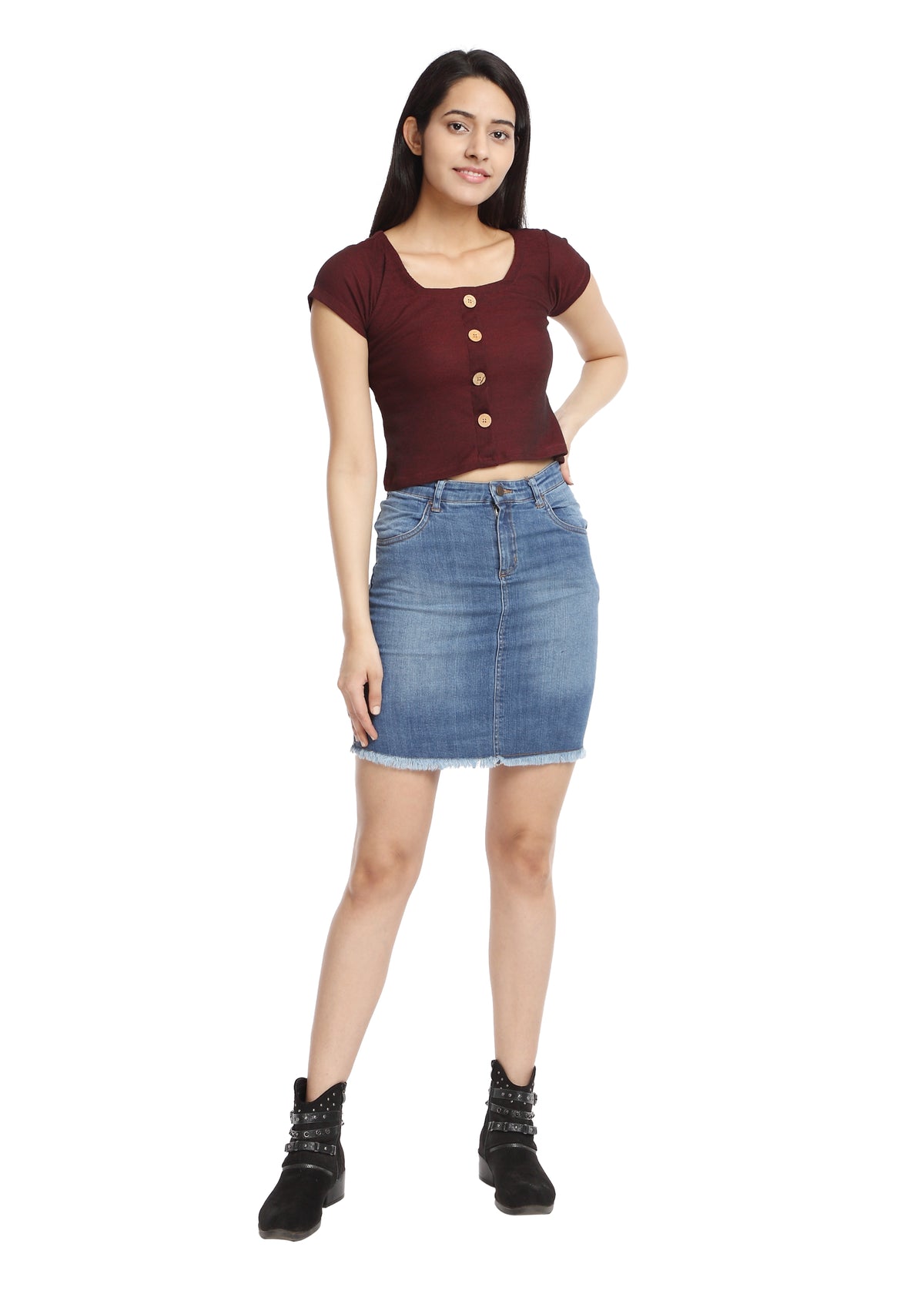 Maroon Ribbed knit crop top with buttons