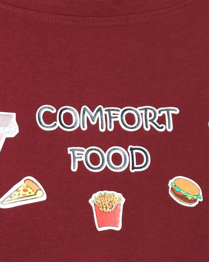 Maroon Crop Tee with Comfort Food Print - GENZEE