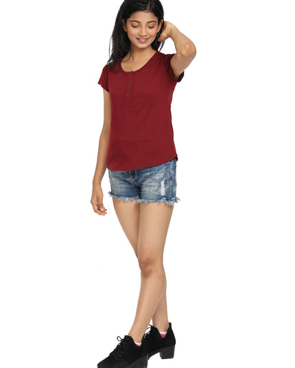 Maroon Knit Half Sleeves Round Neck Top with Buttons - GENZEE