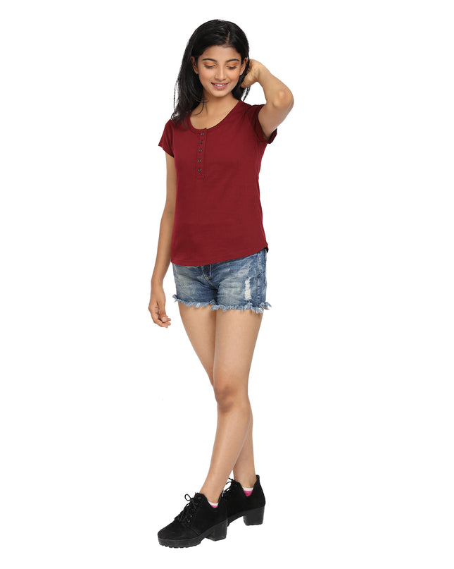 Maroon Knit Half Sleeves Round Neck Top with Buttons - GENZEE