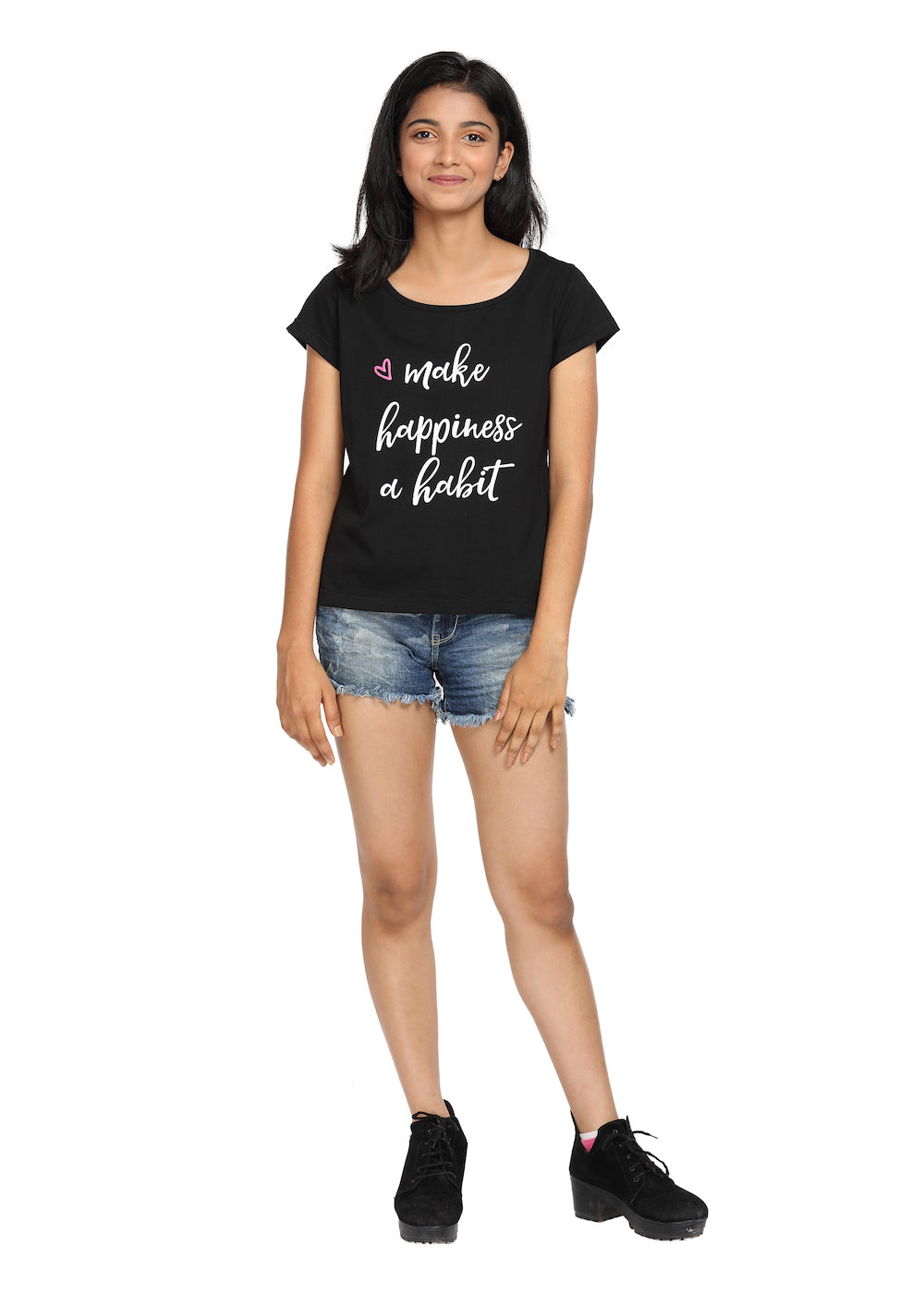 Printed T-shirt Black with Happiness Print - GENZEE