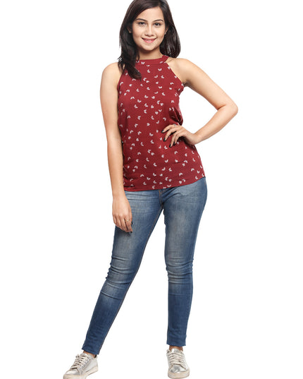 Maroon Halter Neck Top with Butterfly Print - GENZEE