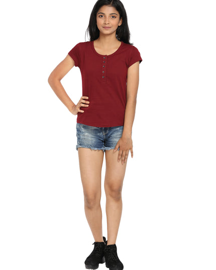 Maroon Knit Half Sleeves Round Neck Top with Buttons - GENZEE