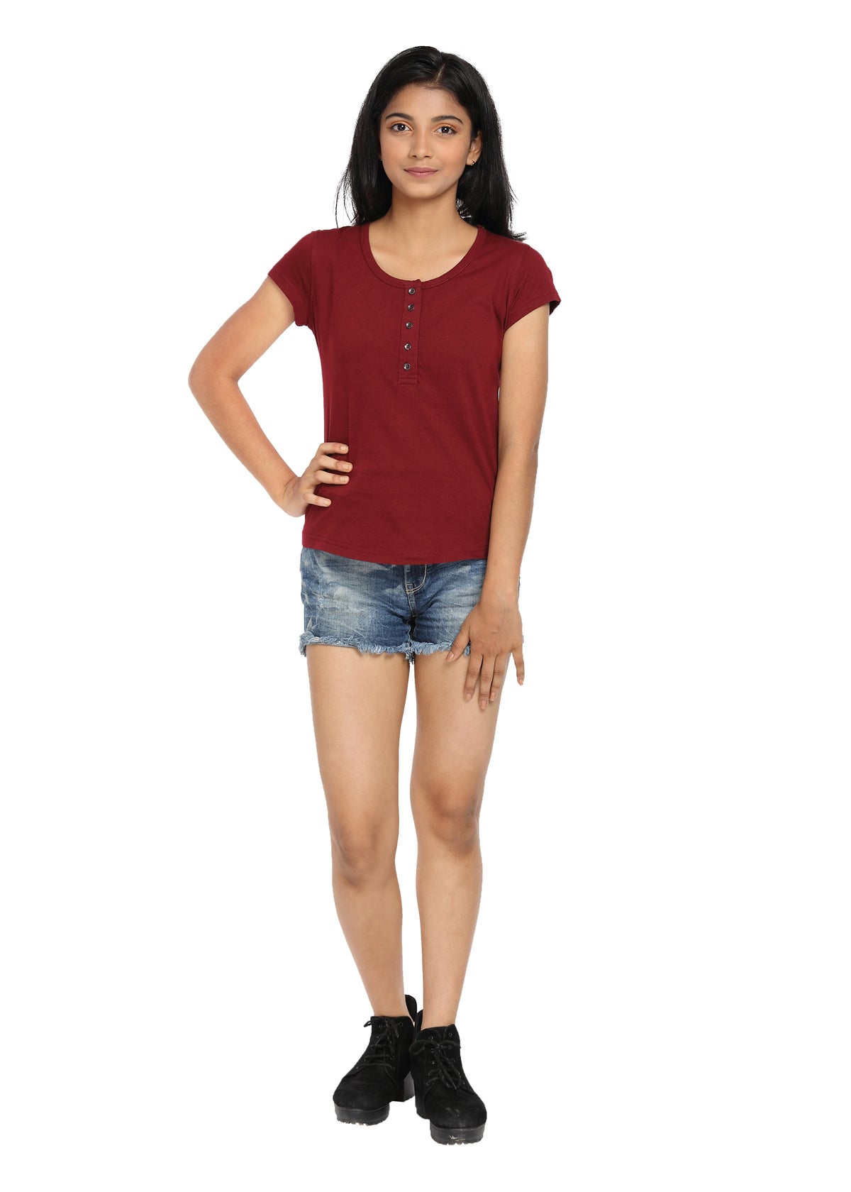 Maroon Knit Half Sleeves Round Neck Top with Buttons - GENZEE