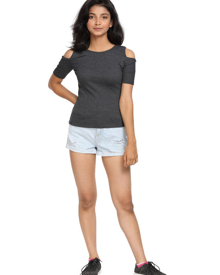 Half Sleeve Ribbed Cold Shoulder Grey Top with a Cross Back - GENZEE